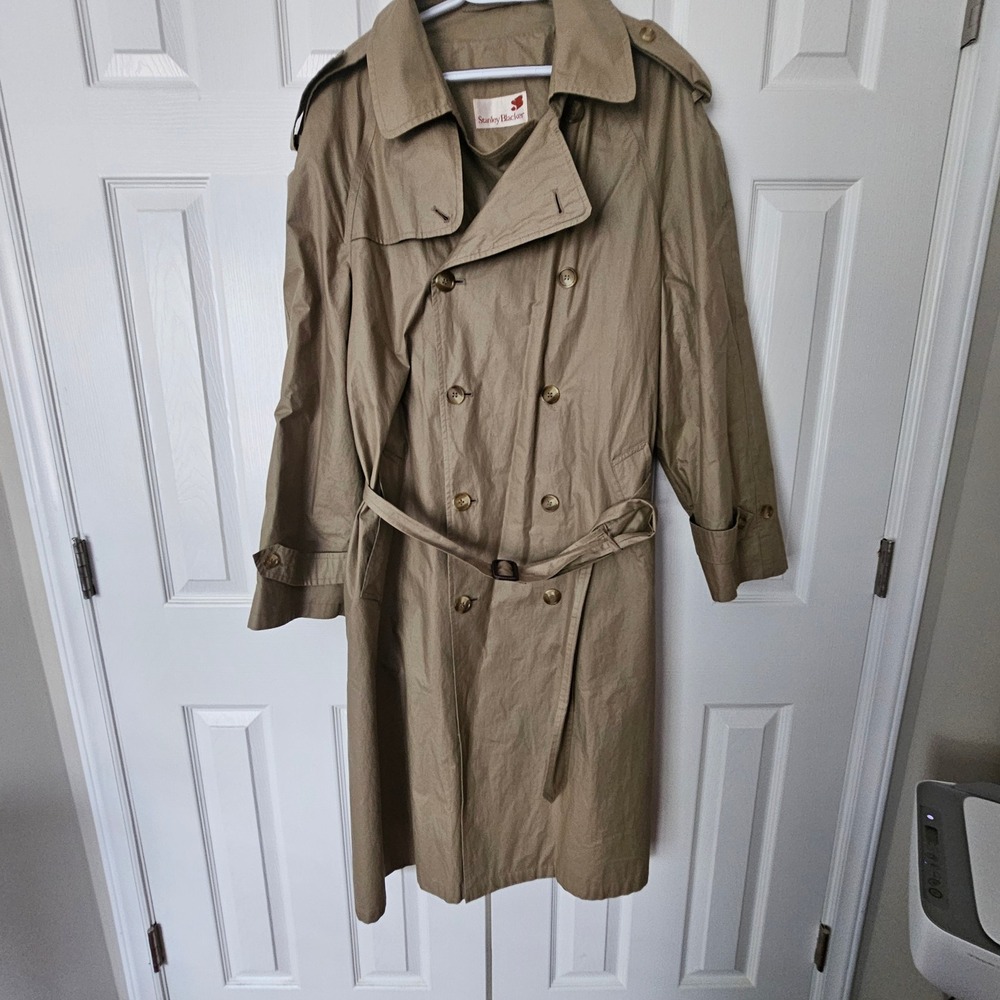 Stanley Blacker Mens Khaki Double Breasted Trench Coat Belted Made in USA 42 Lg